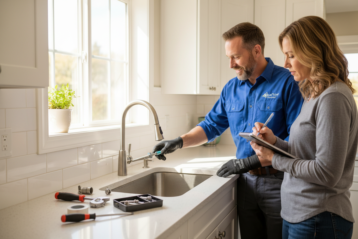 plumber teaching a homeowner how to fix a faucet